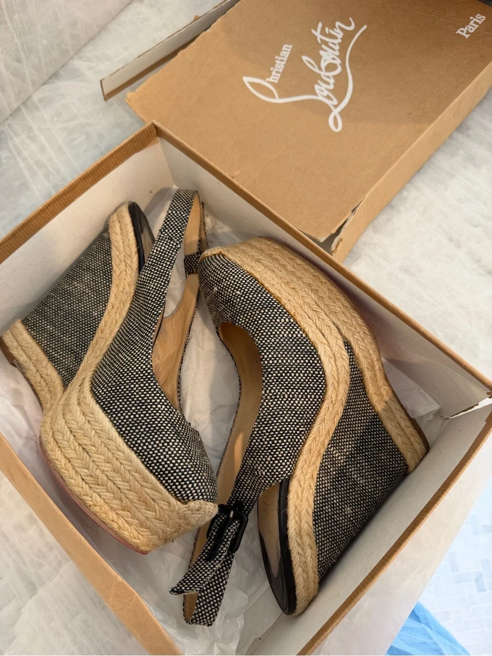 Christian Louboutin Black and Natural Espadrille Wedge Slingback